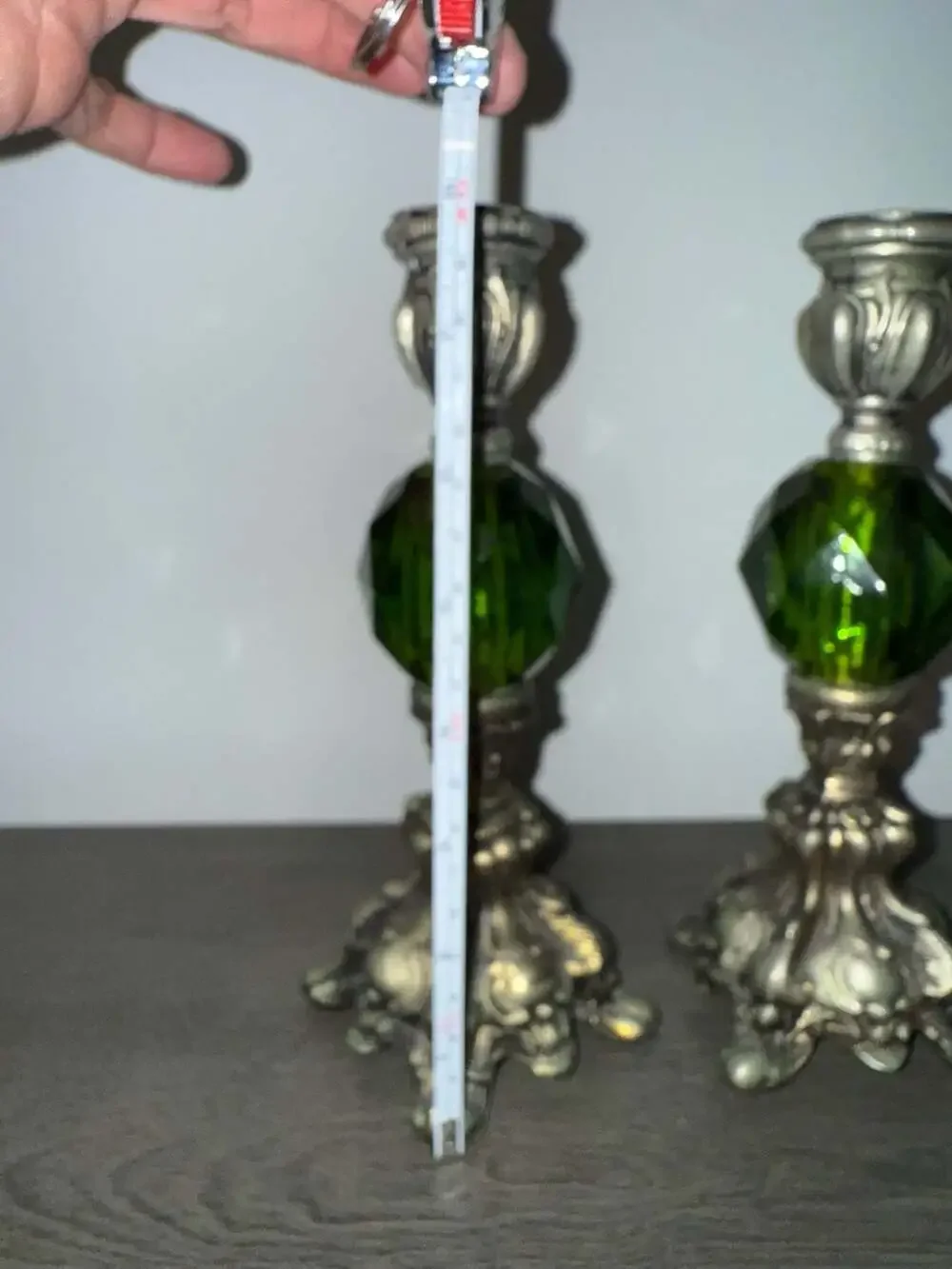 Vintage Hollywood Regency Metal Candlestick Holders with Green Lucite Orbs - Set